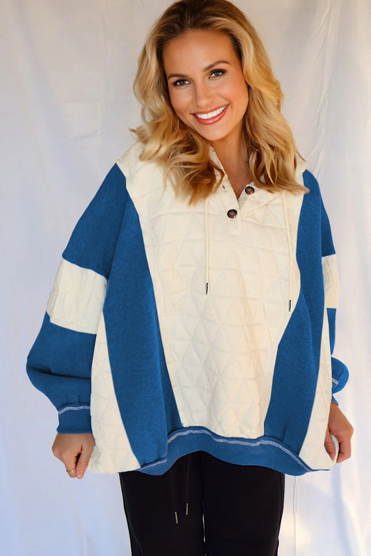 White Quilted Fleece Color Block Patchwork Oversize Hoodie