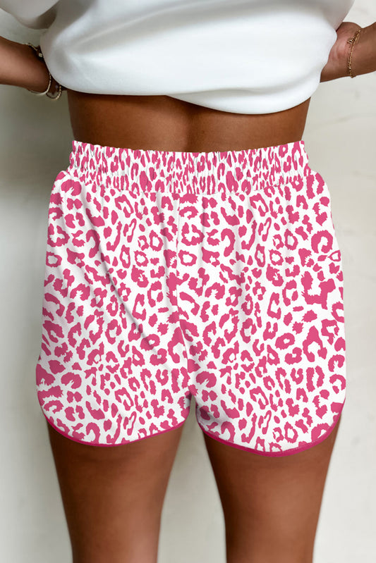 Pink Leopard Elastic Waistband Lace up Contrast Trim Casual Shorts