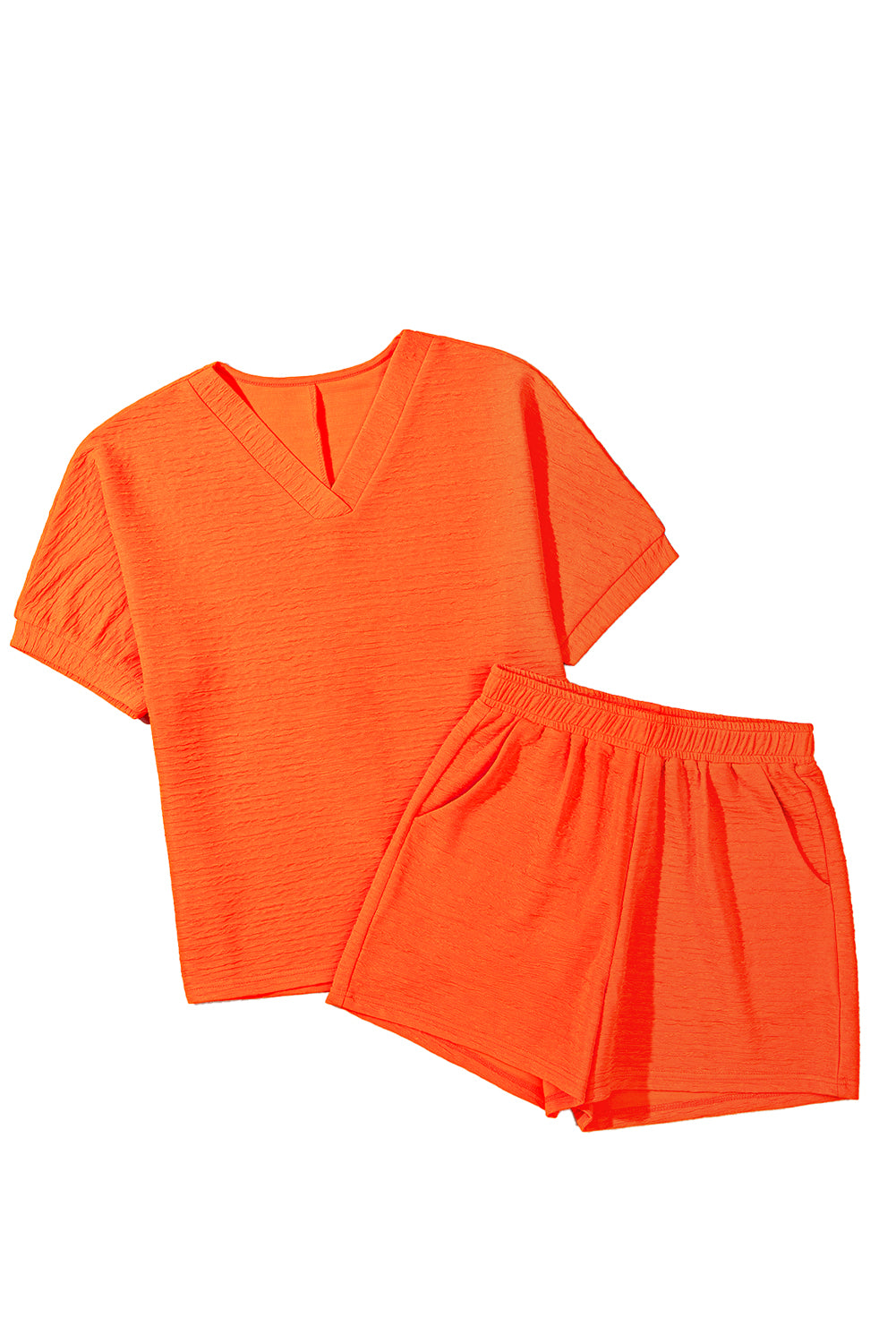 Apricot Textured V Neck T Shirt and Shorts Set