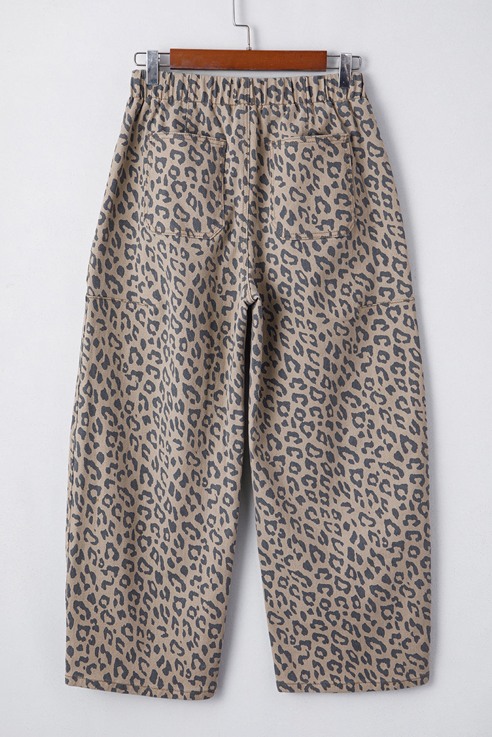 Khaki Leopard Printed Drawstring Elastic Waistband Pocketed Wide Leg Jeans