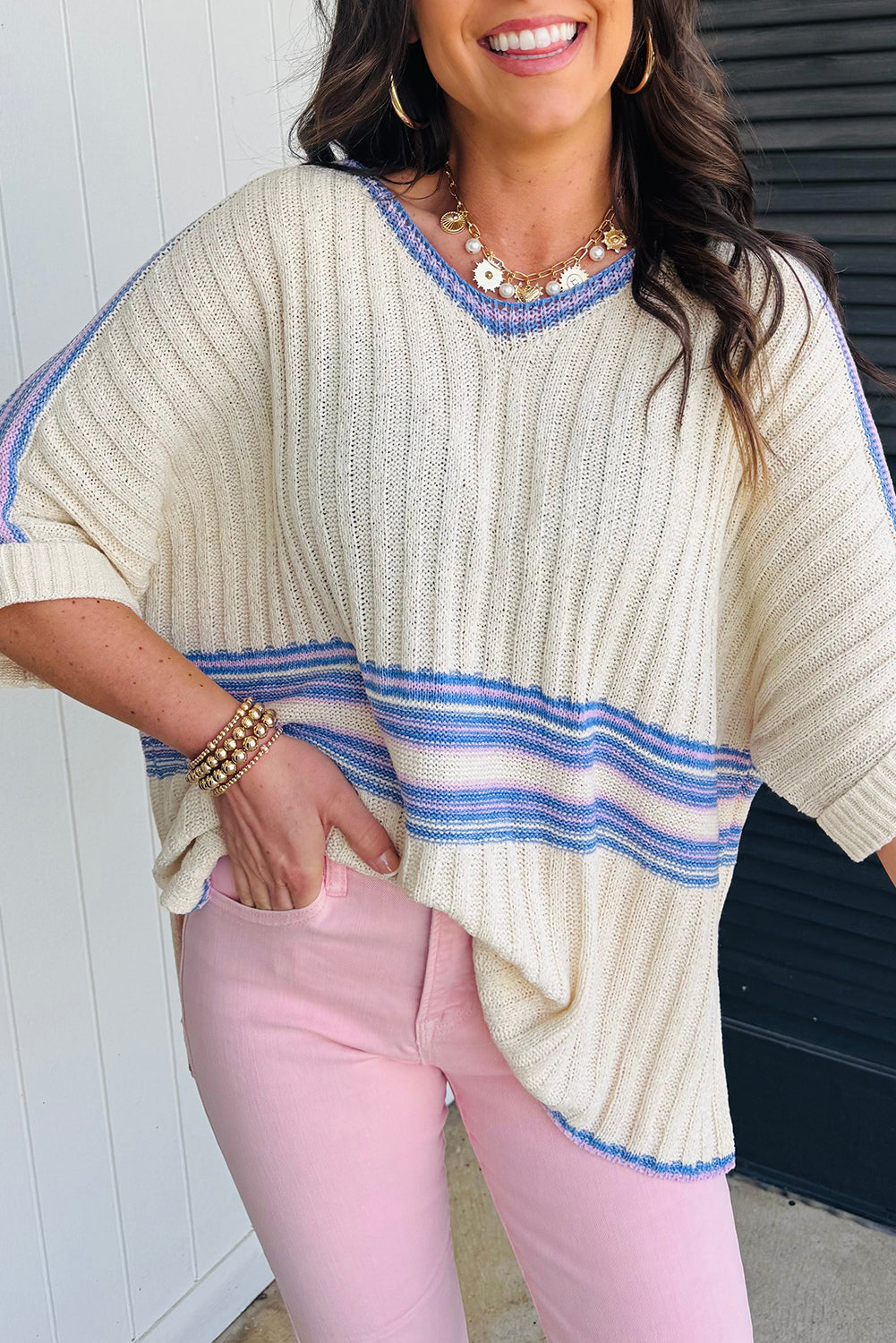 Knit striped half sleeve shirt