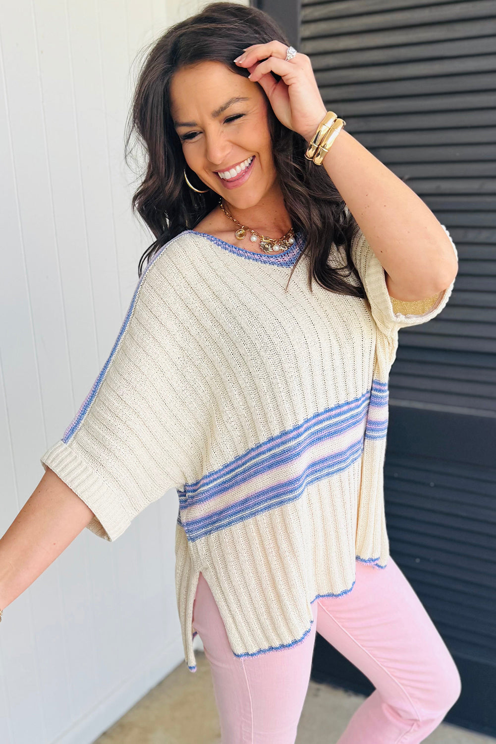 Knit striped half sleeve shirt