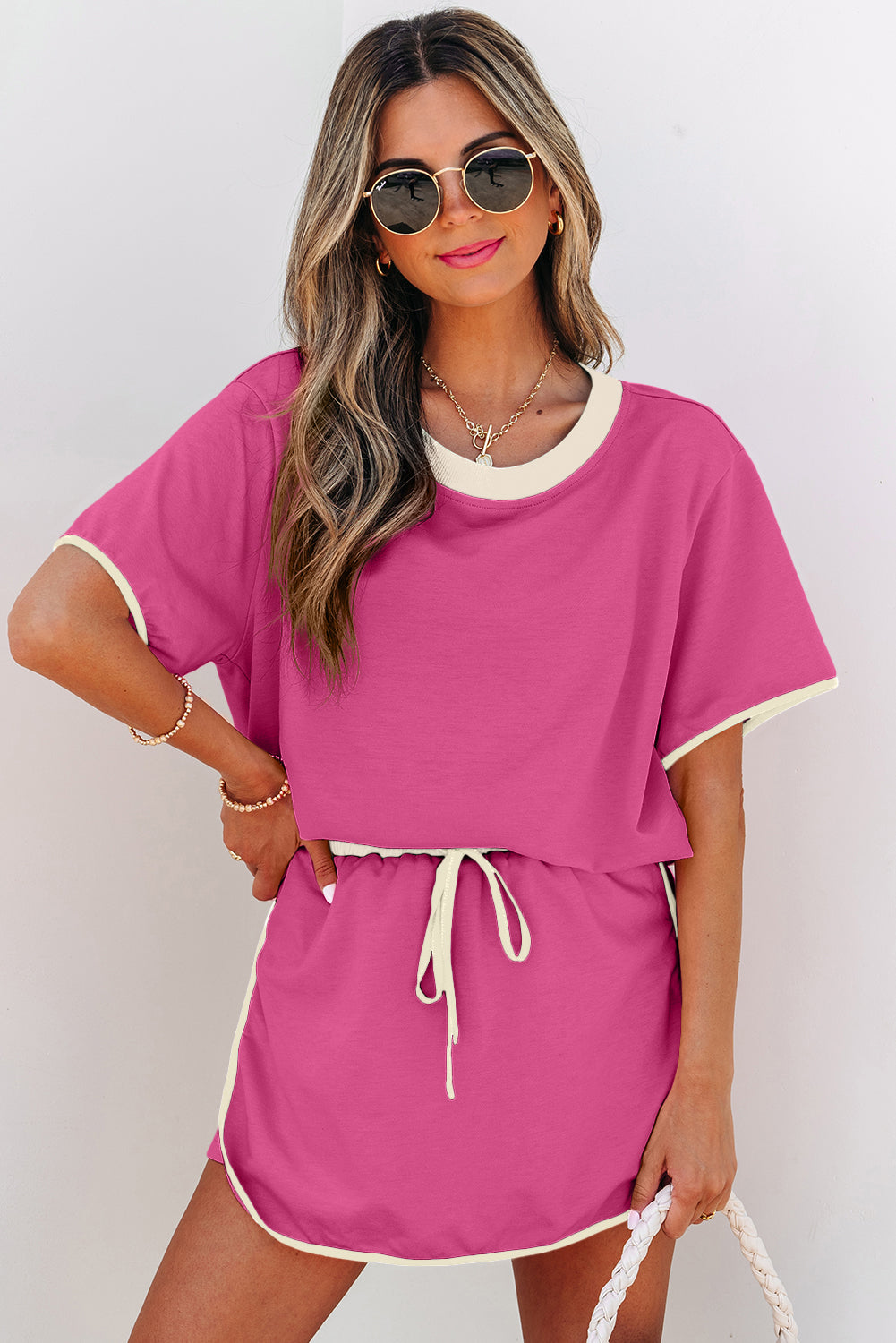 Bonbon Colorblock Edge Drop Shoulder T Shirt and Skort 2Pcs Set