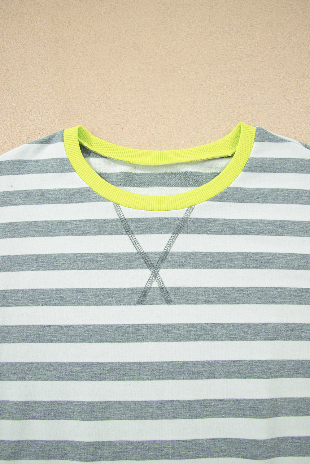 Gray Stripe Contrast Ribbed Banding Long Sleeve Blouse Loose Shorts Set