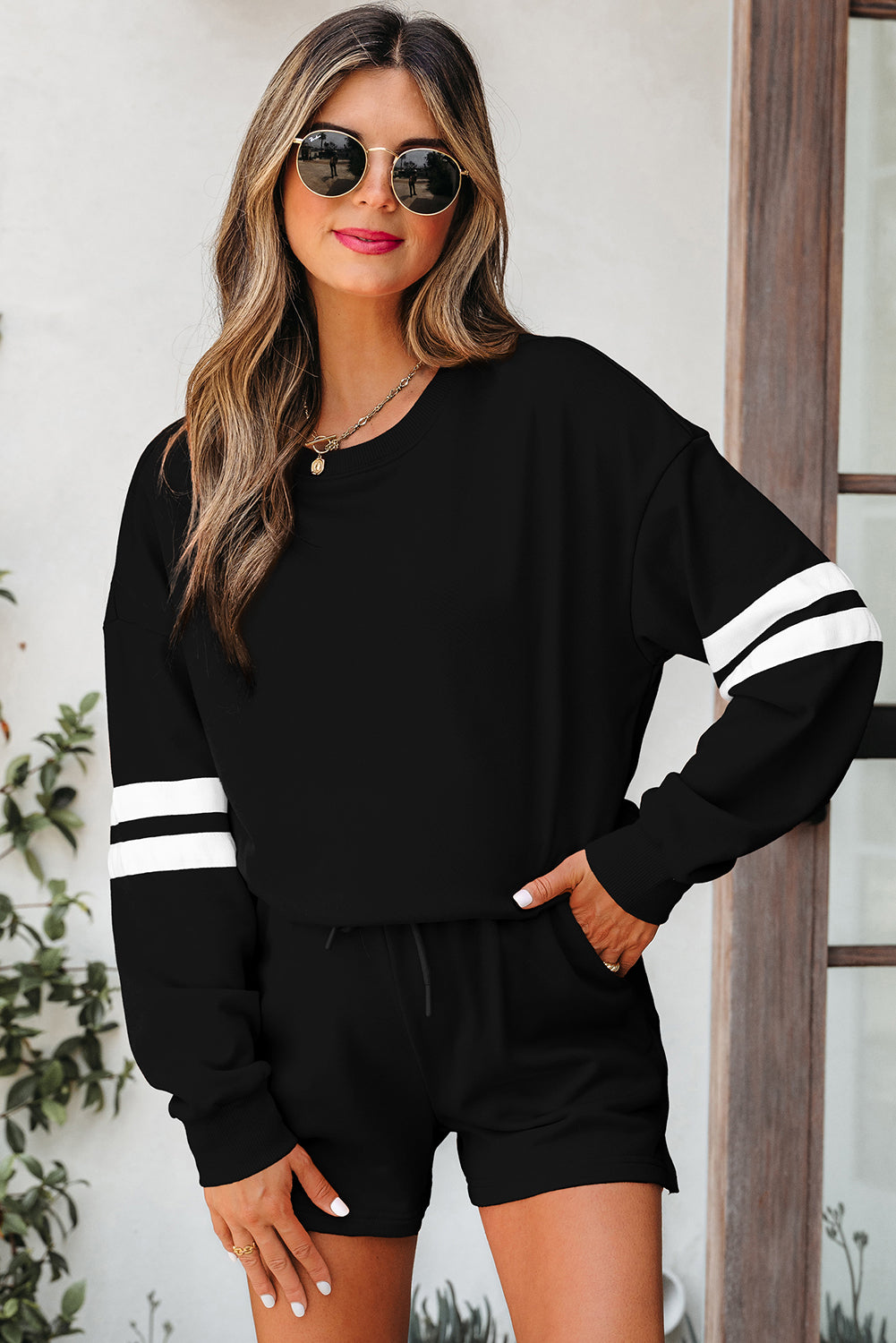 Evergreen Varsity Striped Sleeve Drop Shoulder Sweatshirt and Short Set