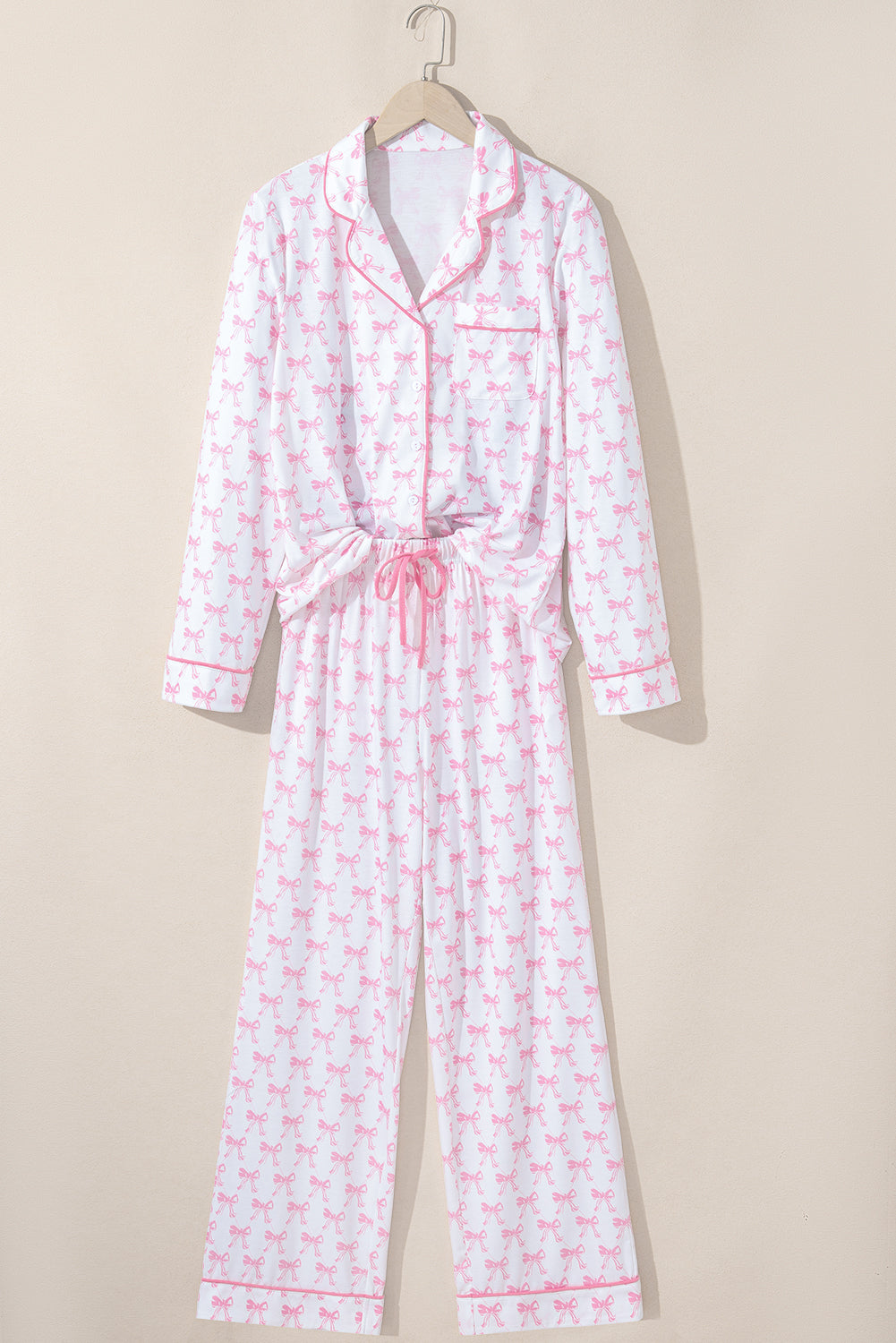 Pink Bow Print Long Sleeve Shirt and Pants Soft Pajama Set