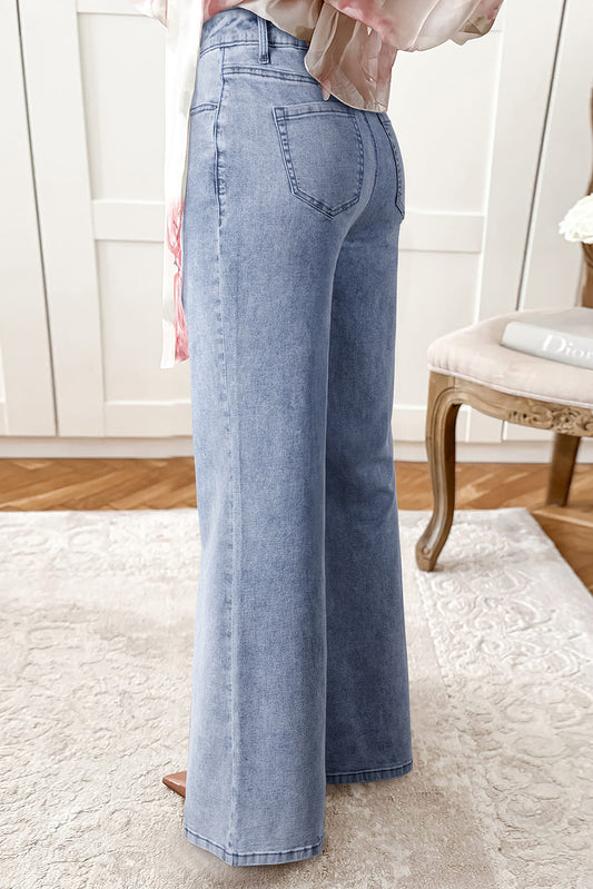 Beau Blue High Waist Button Zip Fly Bell Bottom Jeans