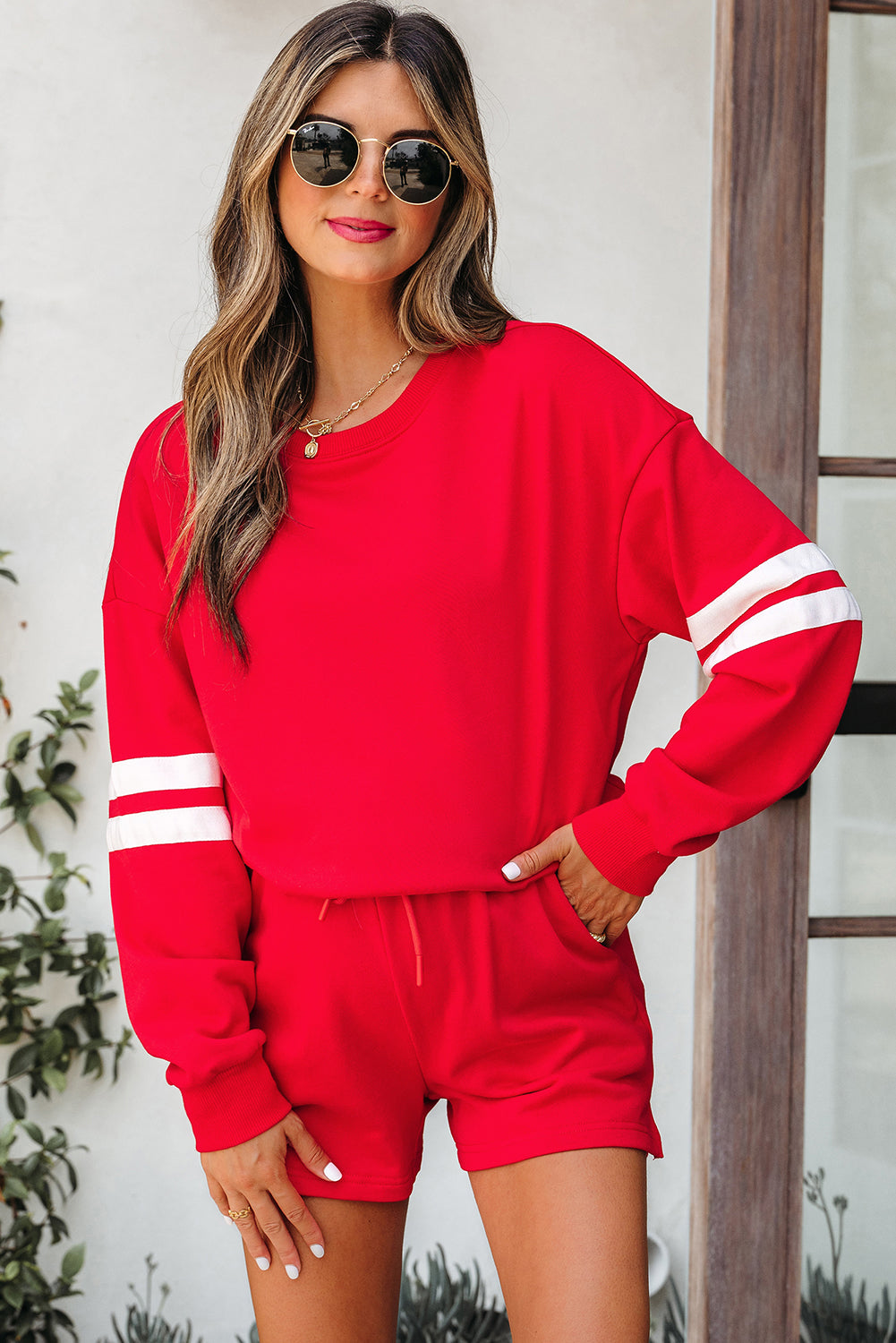 Evergreen Varsity Striped Sleeve Drop Shoulder Sweatshirt and Short Set