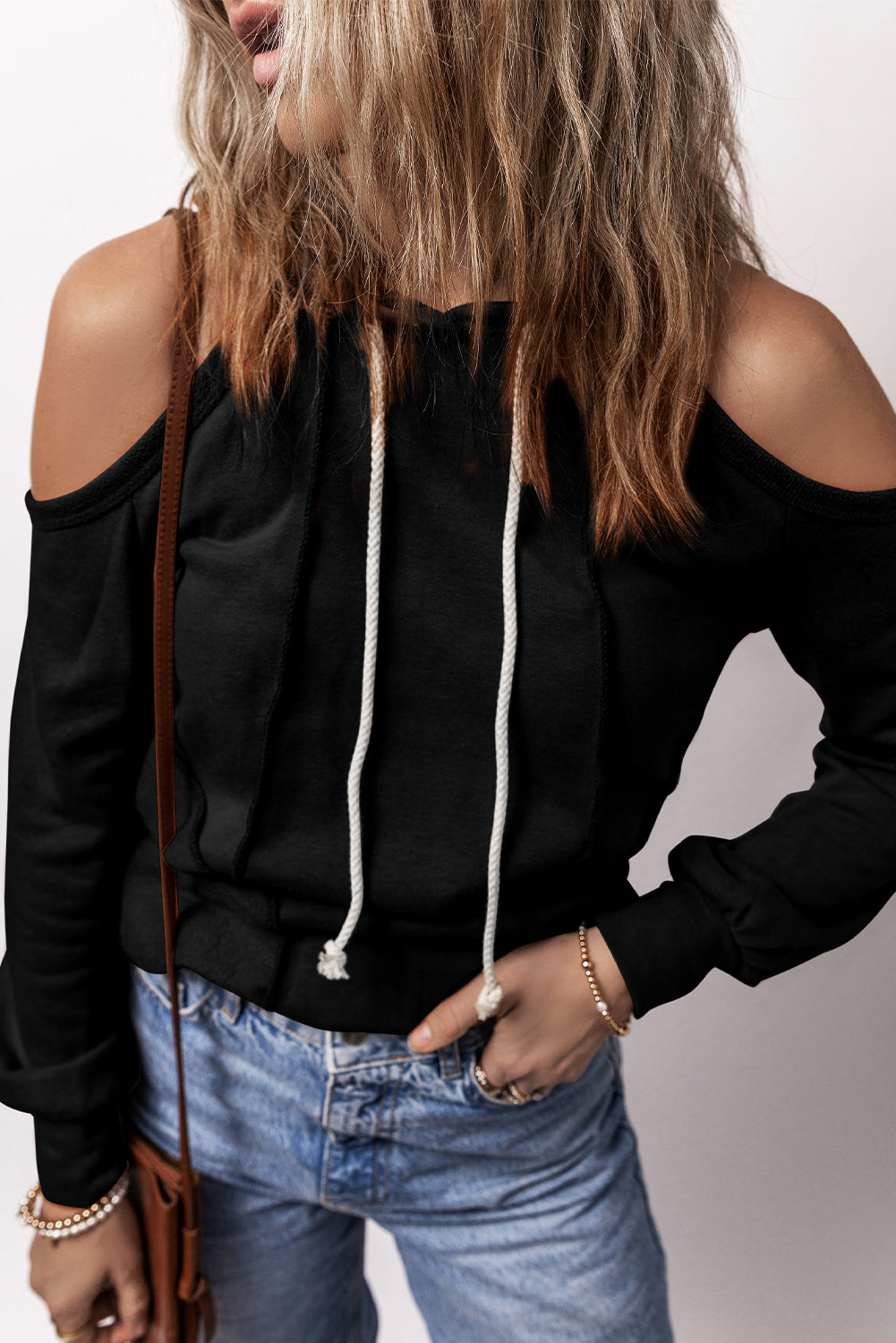 Cinnamon Exposed Seam Cold Shoulder Drawstring Hoodie