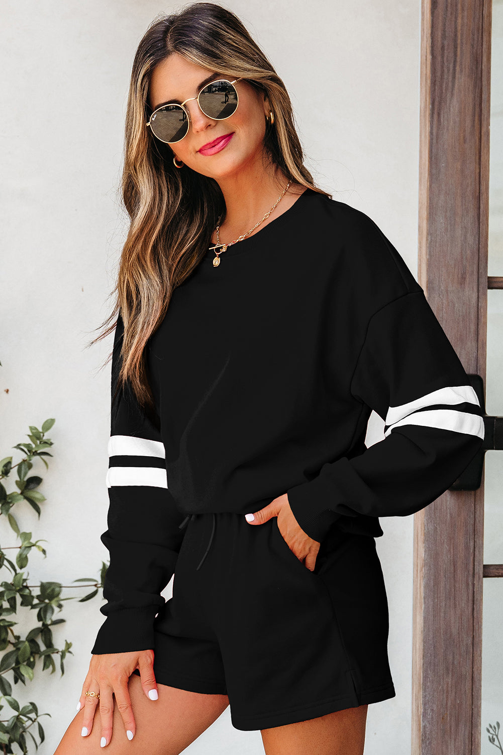 Evergreen Varsity Striped Sleeve Drop Shoulder Sweatshirt and Short Set