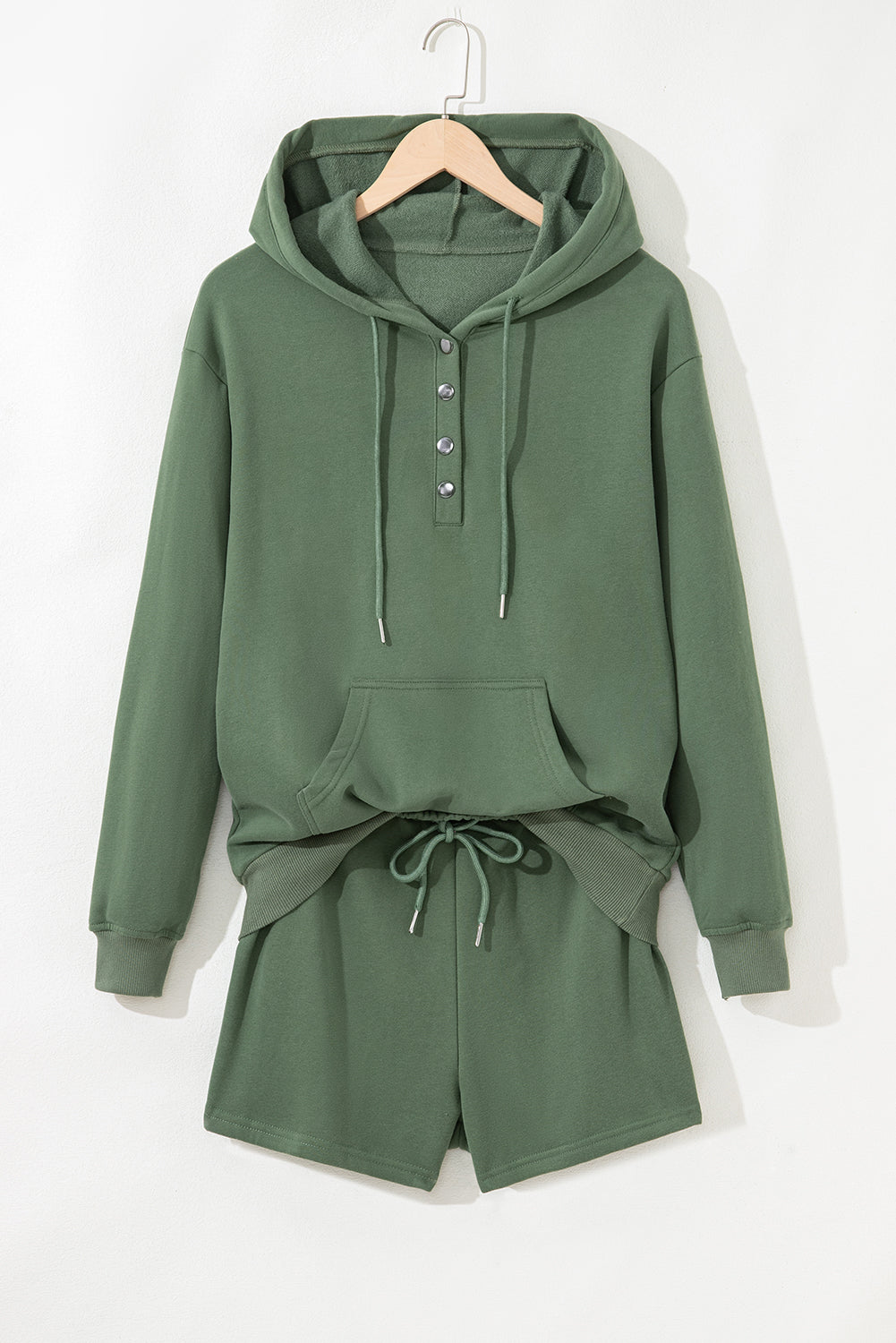 Light Blue Button Drawstring Hooded Pullover and Casual Short Set