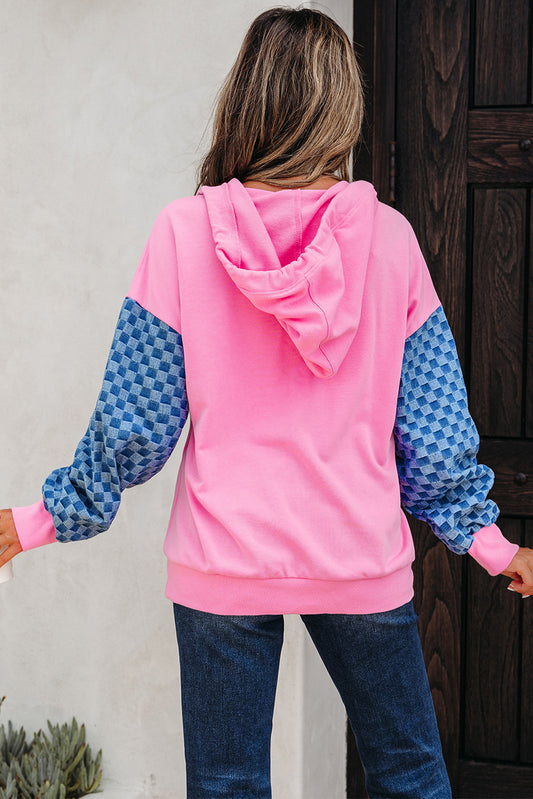 Bonbon Checkered Patchwork Kangaroo Pocket Half Zipper Hoodie